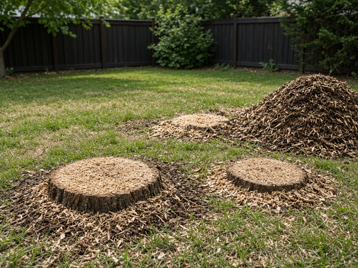 Freshly ground stumps flush with the lawn after grinding