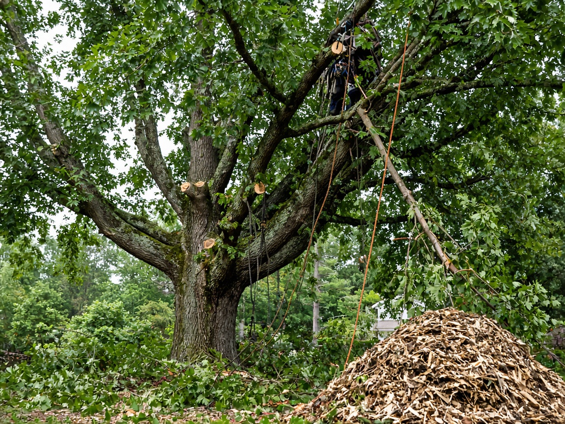 Professional tree pruning and cleanup on a residential lot
