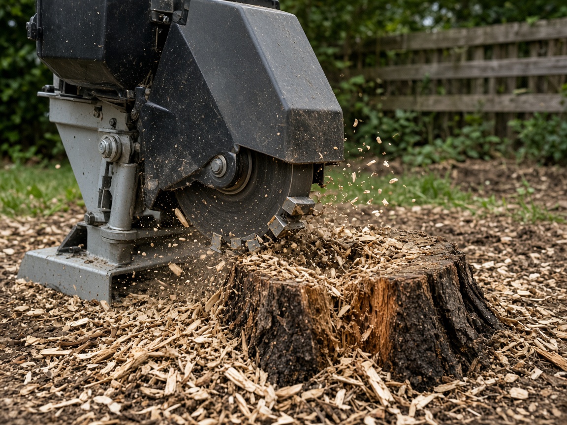 Stump grinder turning a tree stump into wood chips